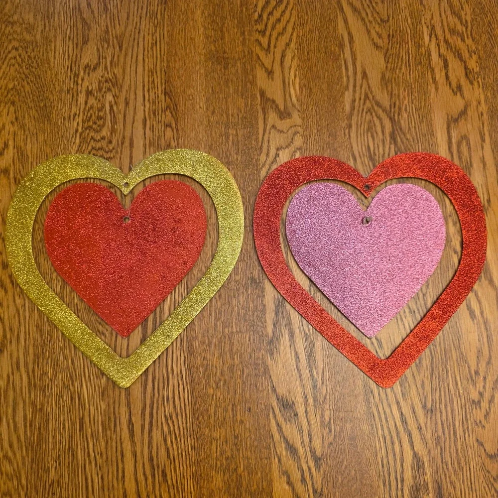Vintage 90s 2 Glitter Hanging Hearts Valentines Day Decor Red Gold Pink‎ 10x11in